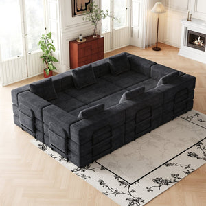 English Elm 6 Seater Corduroy Floor Sofa Bed with Storage Pockets and High-density Foam Cushions W3505S00019