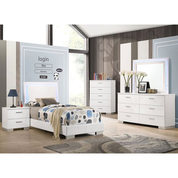 English Elm Dulcey White High Gloss 5-Piece Twin Bedroom Set With Led Headboard & Ample Storage Solutions B062S01339