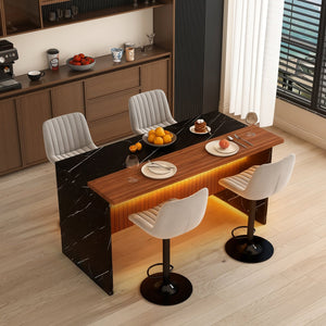 English Elm 63" Modern Kitchen Island Set With 4 Gray Bar Stools - Elegant Black Marble, Led Lights & Versatile Design W2699S00071