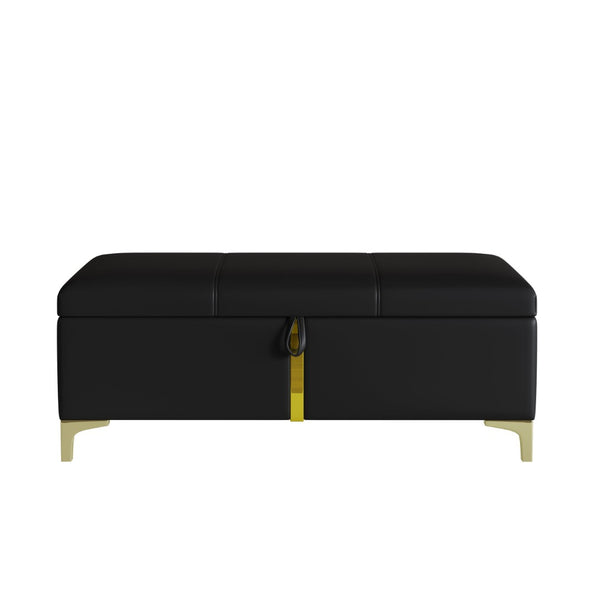 English Elm 2-pieces Queen Platform Bed Set Pu Upholstered Hydraulic Storage with Gold Accent Ottoman N733S362242B