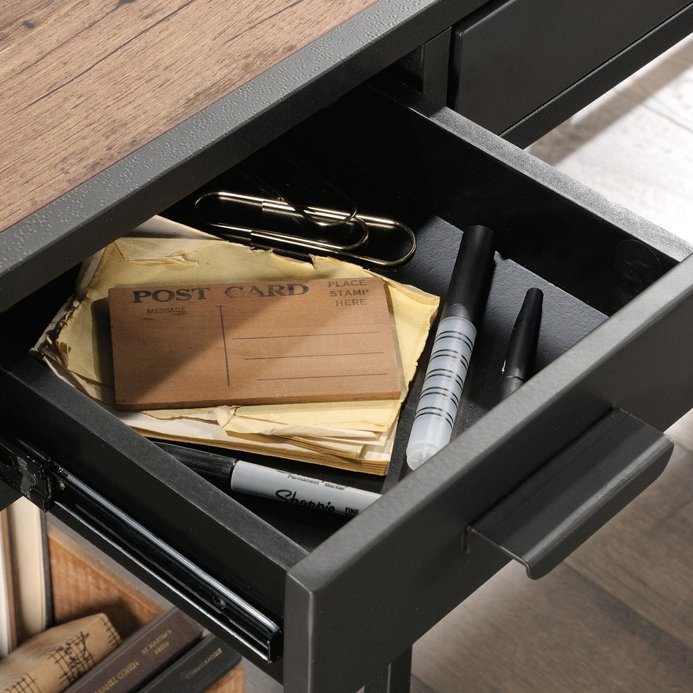 English Elm L-Shaped Desk With Durable Metal Frame And Efficient Storage, Perfect For Modern Home Offices B356P402608