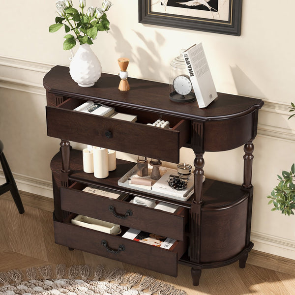 English Elm Retro Curved Wood Console Table with 3 Drawers, Mid-Century Entry Sofa Table with Shelf, Sturdy Pine Legs and High Weight Capacity Espresso W1202P303775