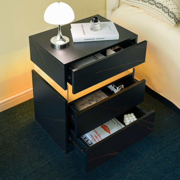 English Elm Led Nightstand with Rgb Acrylic Glow Panel Three Drawers Walnut Bedroom Table Black+Gold W2178P412303