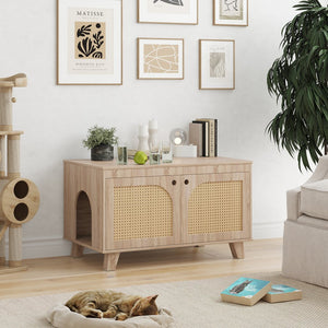English Elm Flip Top Hidden Cat Litter Box Enclosure with Rattan Doors, Flip-Top Access, Odor Control, Stylish Table Ready Natural T3623P354971