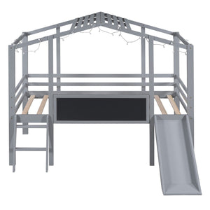 English Elm Twin House Loft Bed with Slide Chalkboard Panel and Led Roofline for Kids Gray WF324323AAE