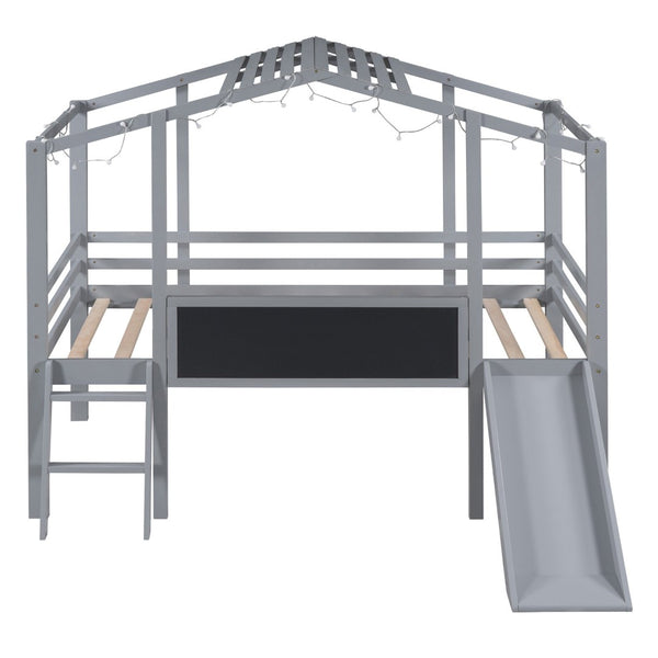 English Elm Twin House Loft Bed with Slide Chalkboard Panel and Led Roofline for Kids Gray WF324323AAE