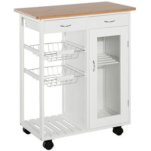 English Elm HOMCOM 28" Rolling Kitchen Island Cart with Bamboo Top, Wire Baskets, Drawers & Locking Wheels W2225P249927