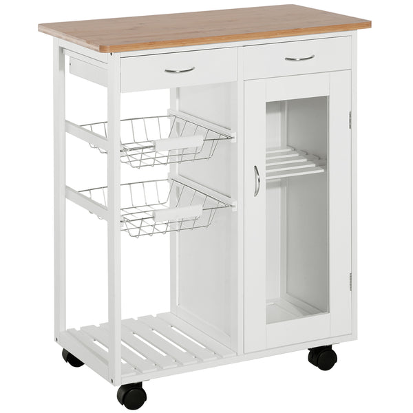 English Elm HOMCOM 28" Rolling Kitchen Island Cart with Bamboo Top, Wire Baskets, Drawers & Locking Wheels W2225P249927