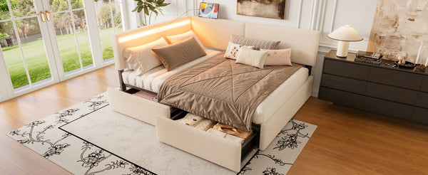 English Elm Twin Boucle Upholstered Bed with Cloud Headboard Storage Drawers and Led Lighting W1670P410466