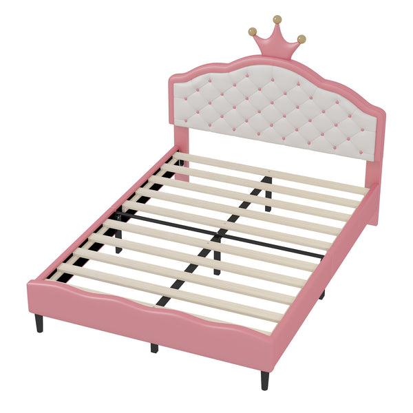 English Elm Full Full Size Lovely Crown Fantasy PU Leather Princess Bed with Tufted Headboard, Pink Cream, Sturdy Frame N733P198762H