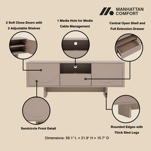 English Elm Ella Mid-Century 59" TV Stand with Cable Management, Adjustable Shelves, Drawer & Sled Legs Mocha B365S00123