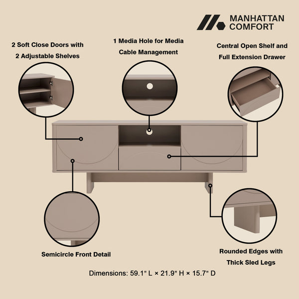 English Elm Ella Mid-Century 59" TV Stand with Cable Management, Adjustable Shelves, Drawer & Sled Legs Mocha B365S00123