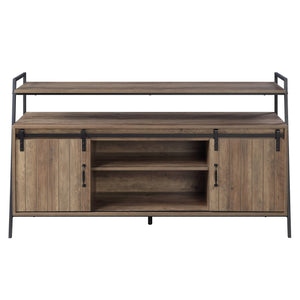 English Elm Rashawn Rustic Oak TV Stand with Black Frame, Sliding Barn Doors, 6 Compartments & Open Shelf B2726P256332