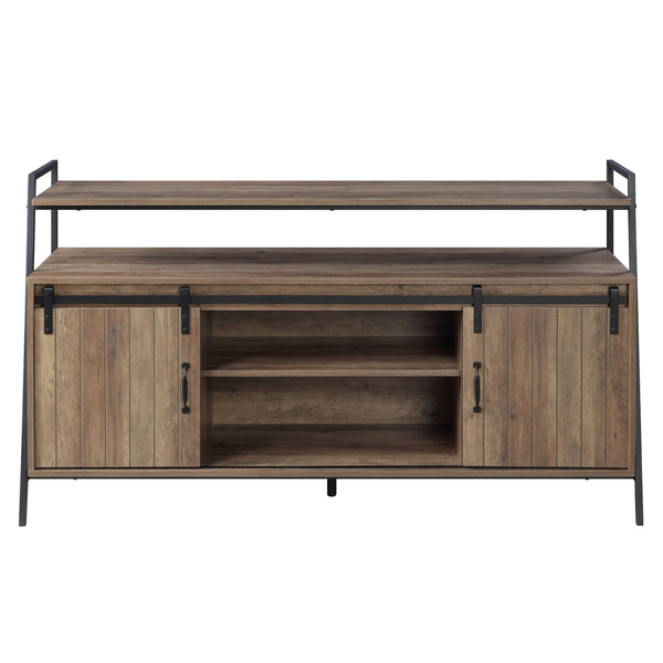 English Elm Rashawn Rustic Oak TV Stand with Black Frame, Sliding Barn Doors, 6 Compartments & Open Shelf B2726P256332