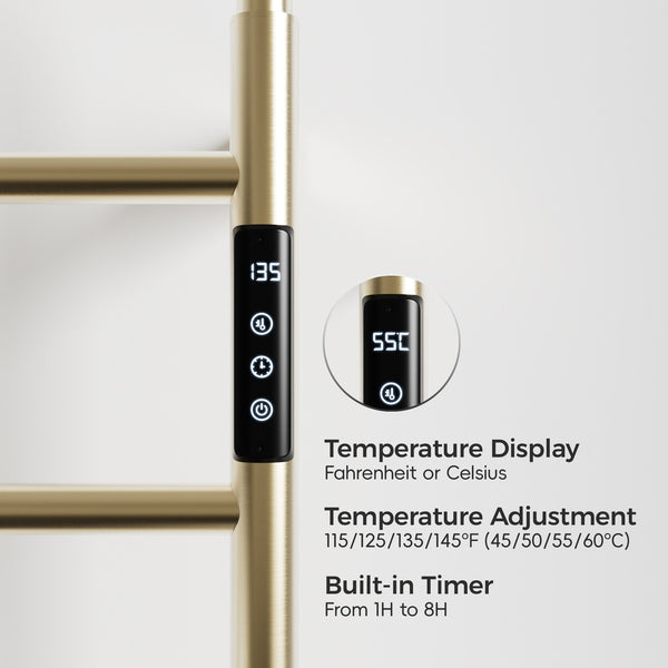 English Elm 18.7" Heated Towel Rack with Touchscreen Timer, 6-Bar Stainless Steel 150W Rapid Warm Carbon Fiber Brushed Gold T3177P305027