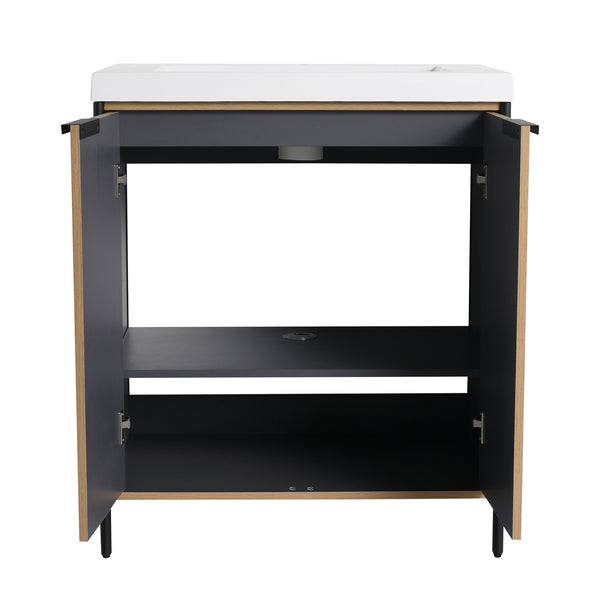 English Elm 30" Modern Freestanding Bathroom Vanity with Resin Sink, Soft-Close Doors, Adjustable Shelf, Durable Plywood Finish Light Coffee W999S00295