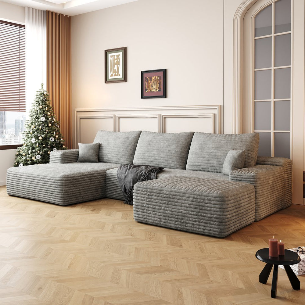 English Elm 107"Cloud Plush Corduroy Sectional Sofa with Ottoman No-Assembly Modular U-Shaped Deep Seat Comfort and Versatile Living Room Solution Grey W2824S00040