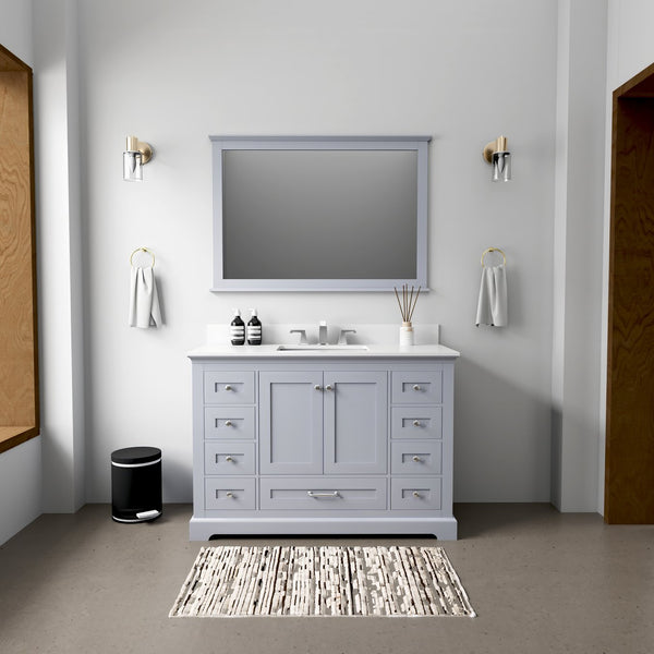 English Elm Dark Grey Single Bath Vanity 48" W x 22" D with White Quartz Top, Soft-Close Drawers & 46" Mirror B2731S00651