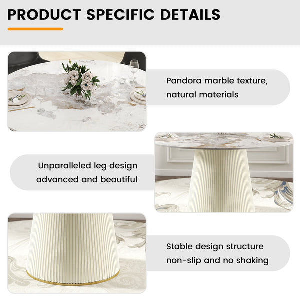 English Elm 53.15 "Modern Round Beige Dining Table With Sturdy Pu Base - Seats 6, Scratch-Resistant Design!" W1535S00449