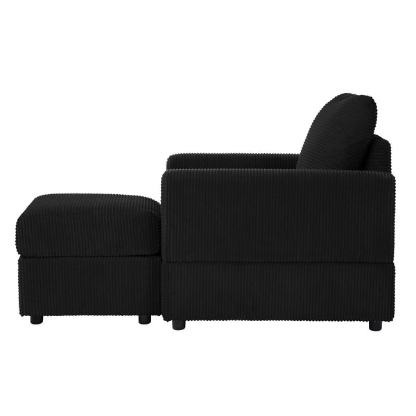 English Elm Classic Corduroy Chaise Lounge with Removable Backrest and Plush Ottoman, Stylish Living Room Seat Black W2186S00008