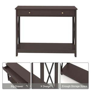 English Elm Console Farmhouse Console Table with Drawer and Open Shelves for Entryway Living Room Storage Espresso T3771P356449