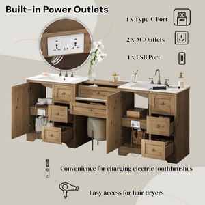 English Elm 84" Double Sink Vanity with Stone Countertop Six Soft Close Drawers and Silver Knobs Wood N817P404196B