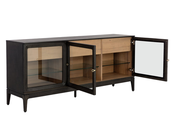 Sunpan Cecilia Sideboard - Elegant Mid-Century Design with Glass Doors, Smoke Grey Acacia & Brass Handles