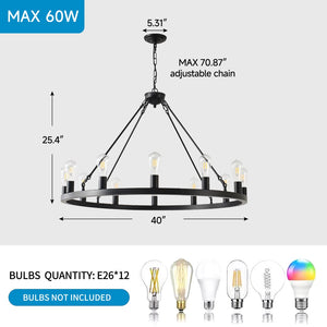 English Elm 39.4 Inch Wagon Wheel Chandelier 12-light Matte Black Farmhouse Pendant for Foyer Dining W5008P389282