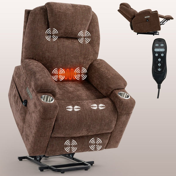 English Elm Up to 350 Lbs Chenille Power Lift Recliner with Massage Heating and Usb Charging Ports Brown W3224S00001