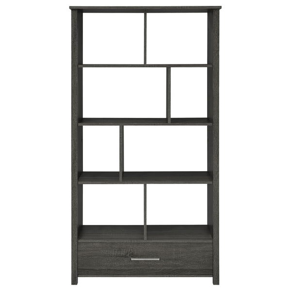 English Elm Dylan Weathered Grey 4-Shelf Bookshelf with Curved Glass Top, Bottom Drawer Storage, Modern 68" Tall B062P344934