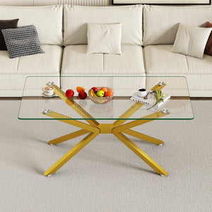 English Elm 39.37" Rectangular Clear Tempered Glass Coffee Table with Gold Metal Legs, Modern Durable Accent Piece W241P228013