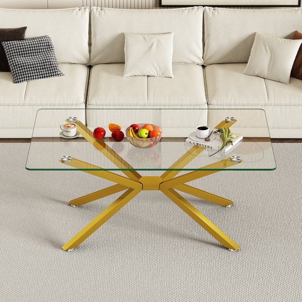 English Elm 39.37" Rectangular Clear Tempered Glass Coffee Table with Gold Metal Legs, Modern Durable Accent Piece W241P228013
