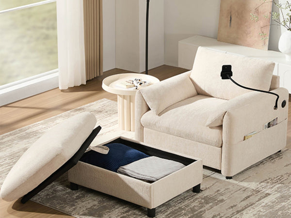 English Elm 37" Oversized Chenille Armchair with Ottoman Usb Charging Pocket Spring Living Room Beige N723P387145A