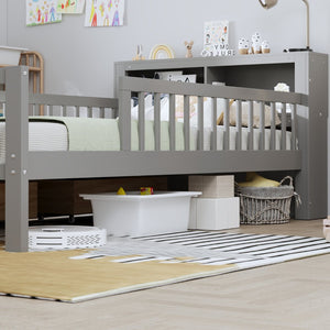 English Elm Twin Size Bed With Headboard Storage, Two Drawers & Safety Guardrails - Stylish Gray Design! N733P272374E-GIGA