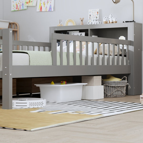 English Elm Twin Size Bed With Headboard Storage, Two Drawers & Safety Guardrails - Stylish Gray Design! N733P272374E-GIGA