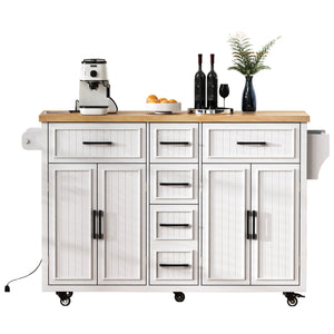English Elm K&K 56.5" Kitchen Island with Drop Leaf, Embossed Vertical Stripe Barn Doors, Wheels & Charging Hub White N707P263094W