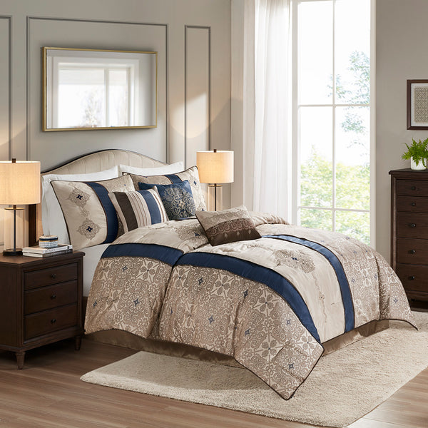 JLA Home Madison Park - 7 Jacquard Comforter Set with Embroidered Medallions, Navy Taupe Ivory Palette for Hotel-Style Bedroom 90 L x 90 W x 1.5H MP10-4344