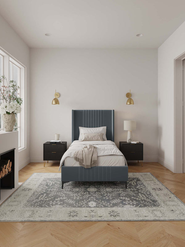 English Elm Promenade Upholstered Velvet Twin Bed with Vertical Stitched Headboard, Solid Slats, No Box Spring Needed Grey B365S00052