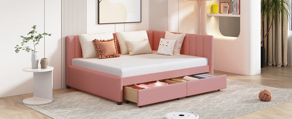 English Elm Full Size Linen Upholstered Daybed with Storage Drawers for Guest Room Studio Pink LP000172AAH