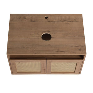 English Elm 30" Floating Bathroom Vanity Set with Ceramic Vessel Sink and Rattan Side Cabinet W999S00496