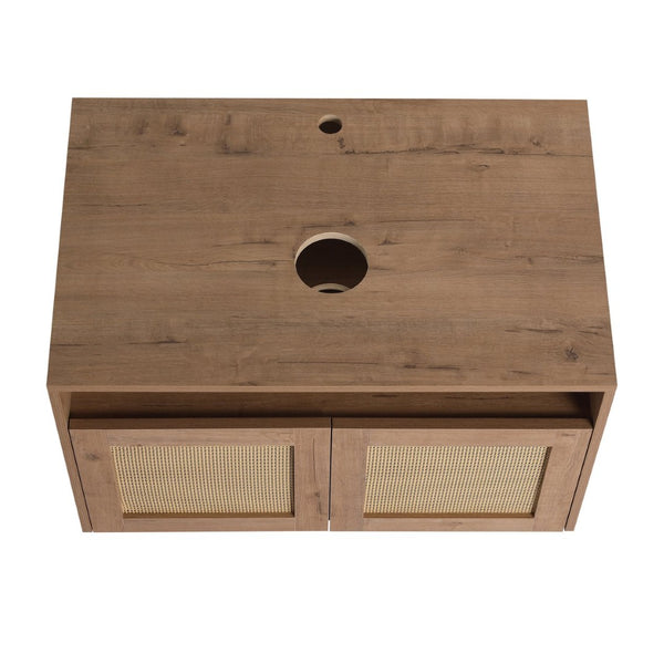 English Elm 30" Floating Bathroom Vanity Set with Ceramic Vessel Sink and Rattan Side Cabinet W999S00496