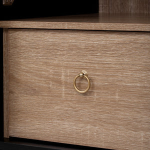 English Elm K&K Arched 71" Kitchen Pantry Cabinet with Glass Doors, Brass Handles, Adjustable Shelves & Drawer Black N707P288969B