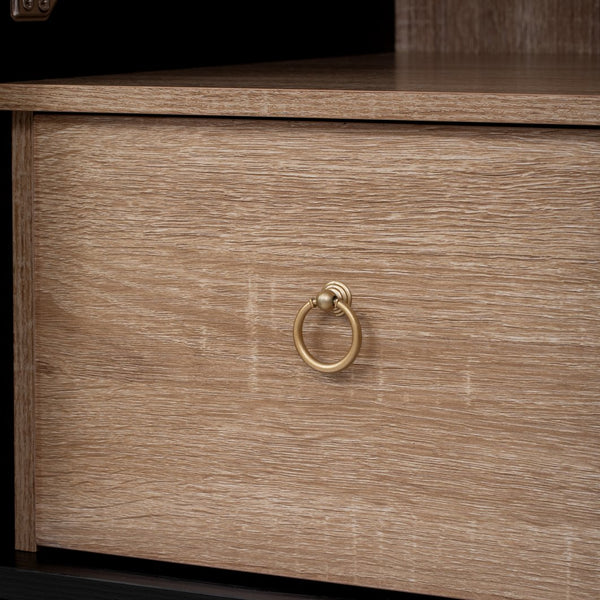 English Elm K&K Arched 71" Kitchen Pantry Cabinet with Glass Doors, Brass Handles, Adjustable Shelves & Drawer Black N707P288969B