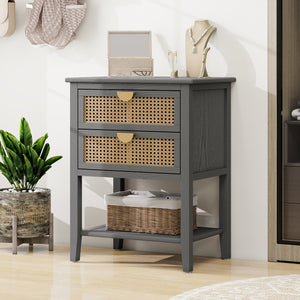 English Elm 2 Elegant Rattan Side Table with Solid Wood Veneer, Semi-Circular Metal Handle, Bedroom Accent Piece Gray W68858074