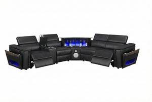 English Elm Nova Power Reclining Sectional with Bluetooth Audio Led Bar and Lift Top Wine Storage Black B009S02163