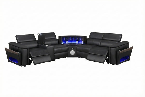 English Elm Nova Power Reclining Sectional with Bluetooth Audio Led Bar and Lift Top Wine Storage Black B009S02163