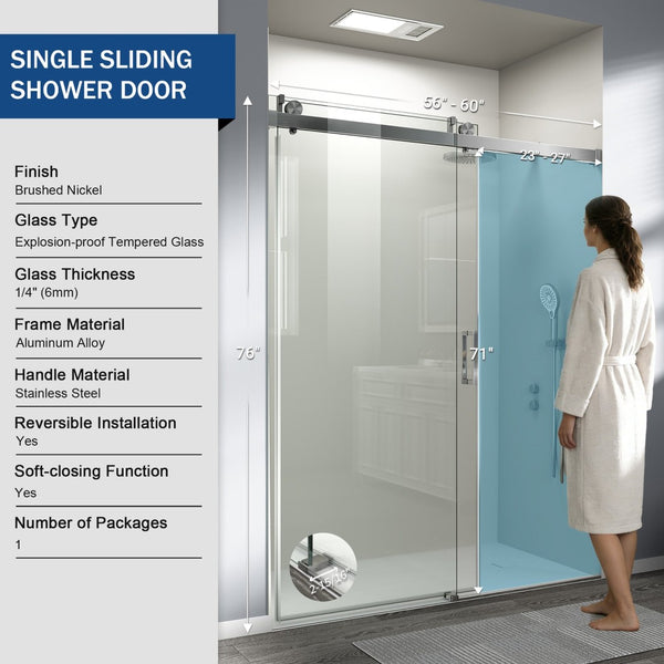 English Elm 56" Frameless Sliding Shower Door Tempered Glass Soft Close Brushed Nickel Hardware W1573P198748
