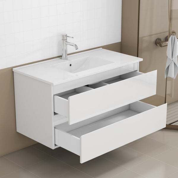 English Elm 36-inch Glossy White Bathroom Vanity with Ceramic Sink Soft Close Drawers Minimalist W3151S00065