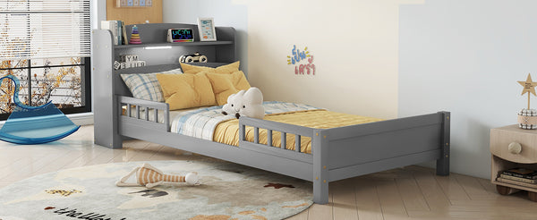 English Elm Twin Pine Wood Bed with Bookcase Headboard LED Motion Sensor Light Guardrails Ample Storage Space Grey W504P277595