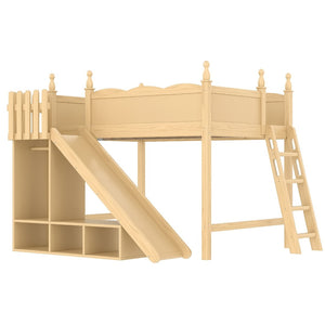 English Elm Twin Loft Bed Solid Pine Frame with Wardrobe Shelving Detachable Slide Kids Room Natural W5305S00022